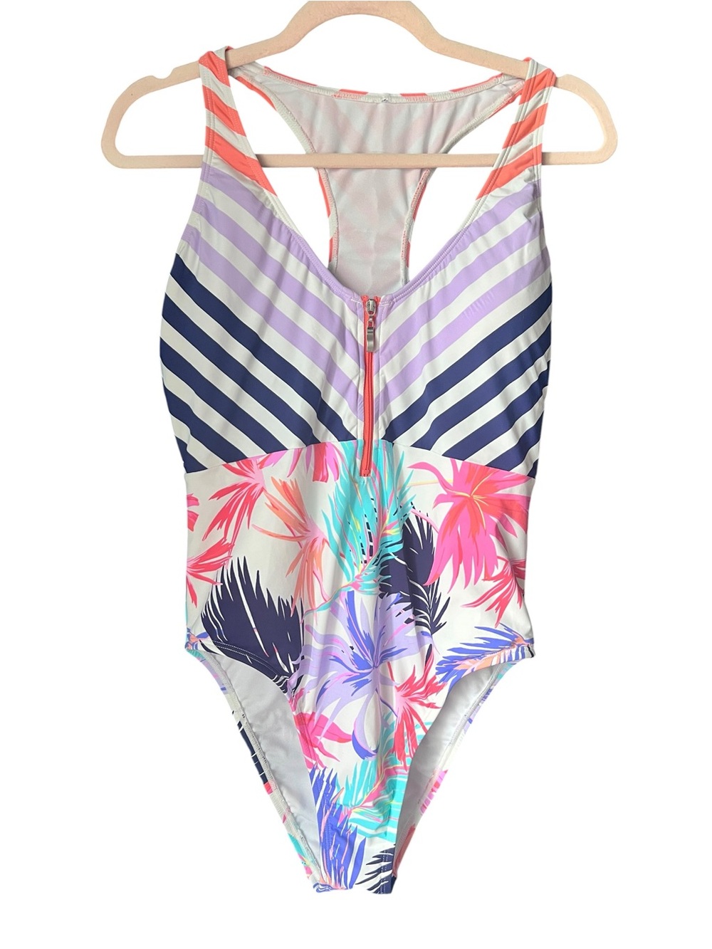 Hobie XL Tropical Palm Print One Piece Swimsuit Front Zip Racerback Resort